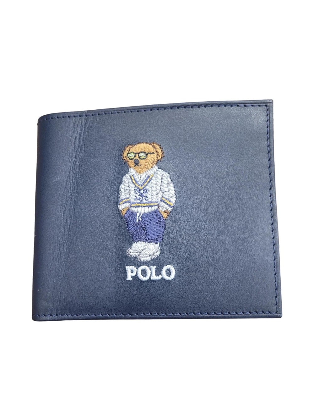 Polo by Ralph Lauren Navy Leather Bear Embroidered Bi-Fold Wallet
